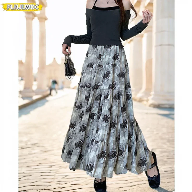 Autumn Winter Layer Skirts Hot Sales Women All-Match Cute Japan Chic Korea FLHJLWOC Elastic High Waist Black Long Maxi Skirts