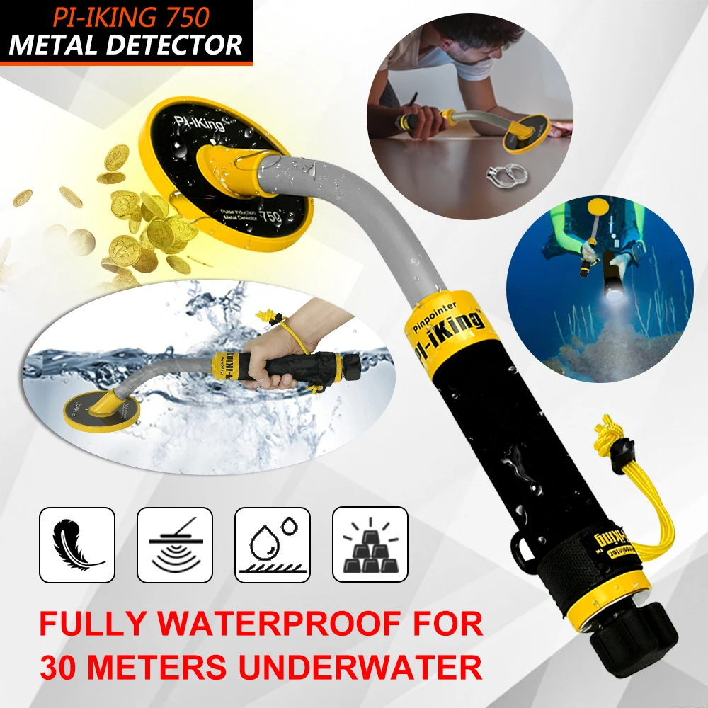 

750 Metal Detector 100Feet Underwater Fully Waterproof Pin Pointer Handheld Pulse Induction Targeting with Vibration LED MD-780