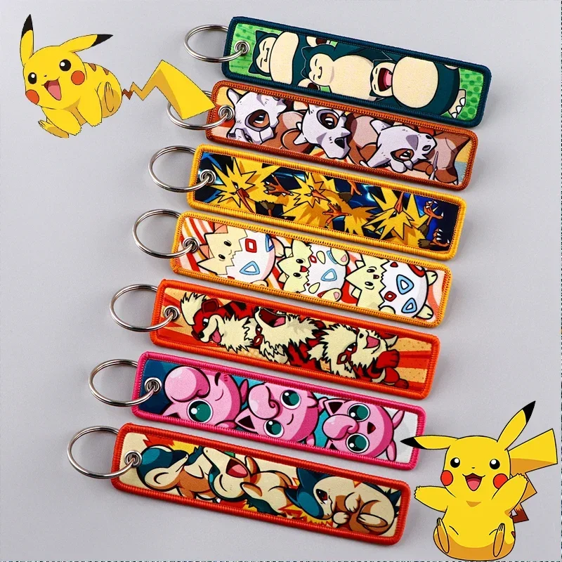 Pokemon New Embroidery Cloth Woven Label Keychain Gengar Eevee Bag Keyring Accessories Children's Toys Pendant Birthday Gifts