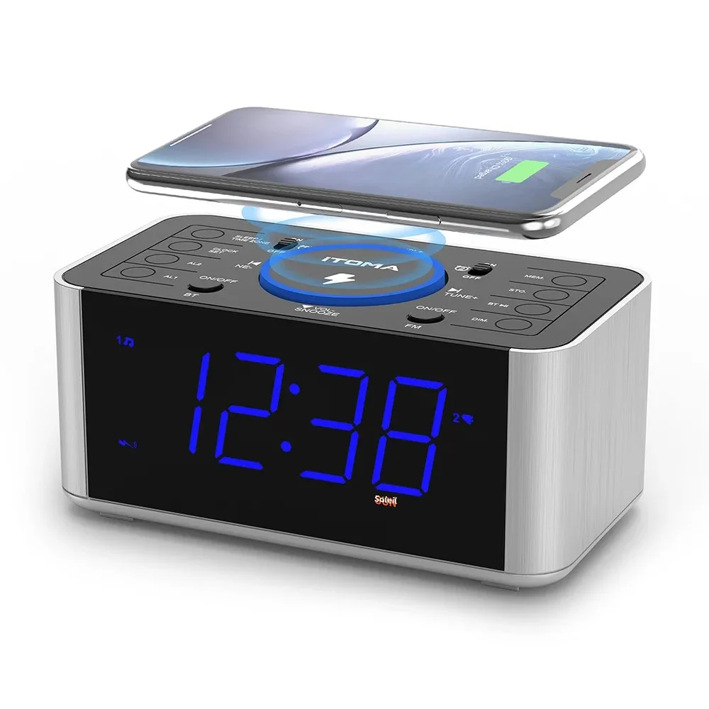 Radio réveil iTOMA 206, chargement sans fil 5 W, Bluetooth, double alarme, affichage LED 1,4,