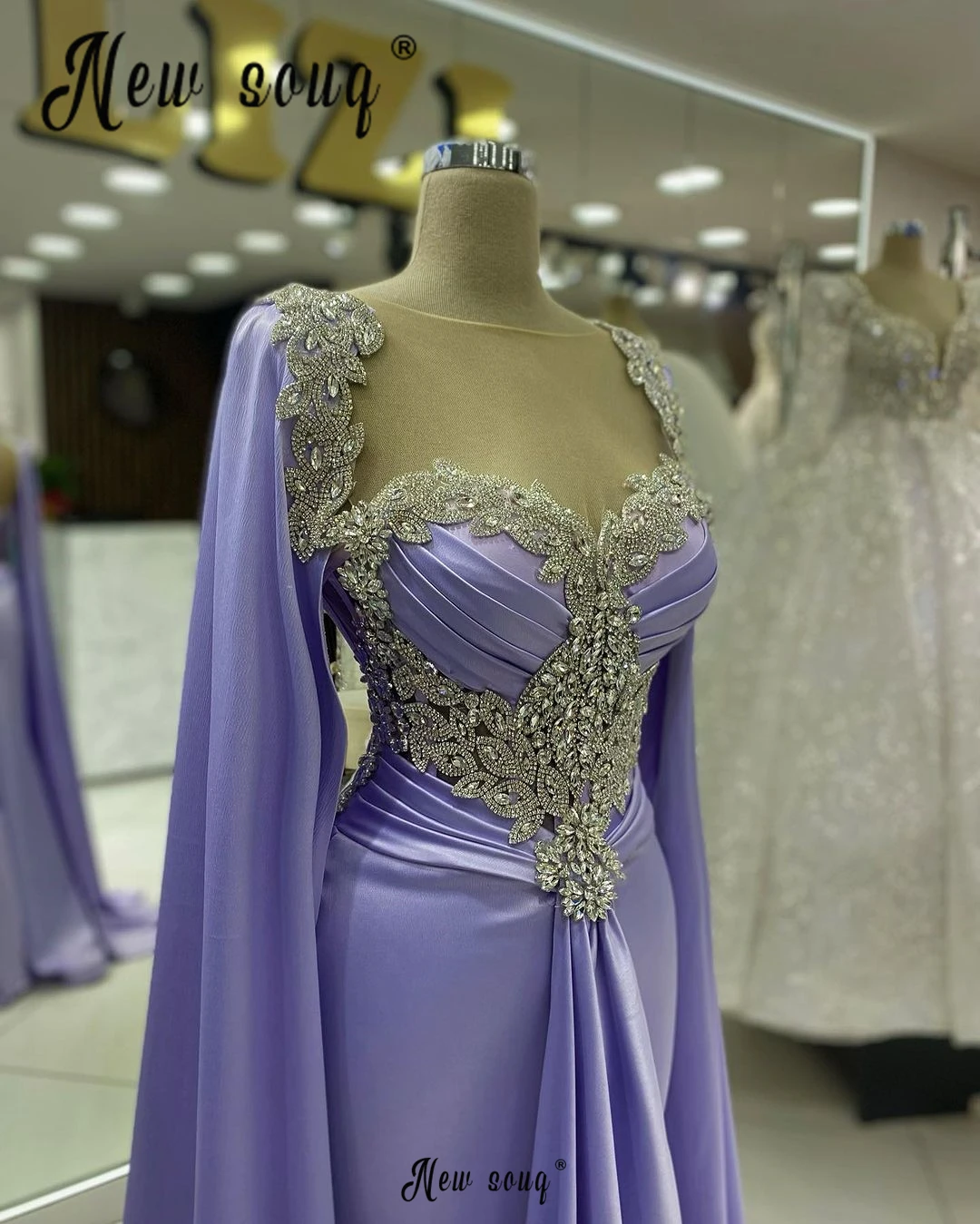 Arabic Elegant Lilac Long Cape Sleeve Plus Size Evening Dress Women's Wedding Dinner Party Gowns Customized Satin Prom Dresses