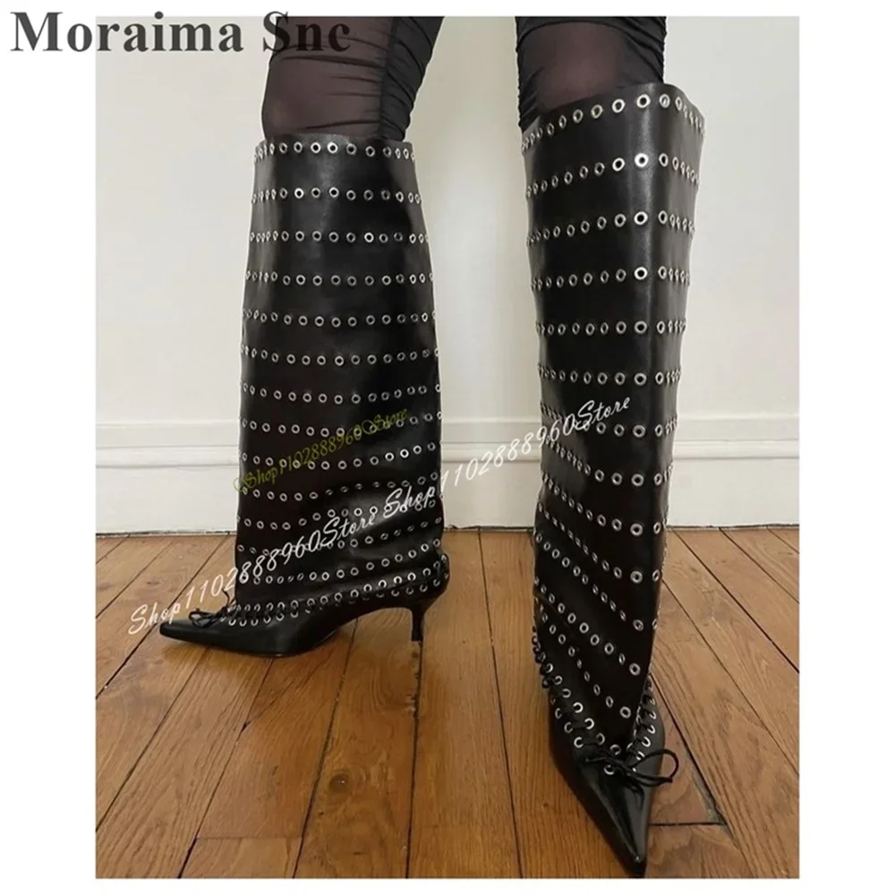 Plus Size Mid Calf Black Leather String Boots Thin High Heel Women Shoes Slip On Pointed Toe 2026 Fashion Zapatos Para Mujere