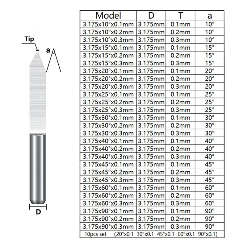 10pcs 10 °~90 ° V-shaped Milling Cutter 3.175mm (1/8 inch) Hard Alloy PCB Engraving Drill Bit CNC Engraving Tool