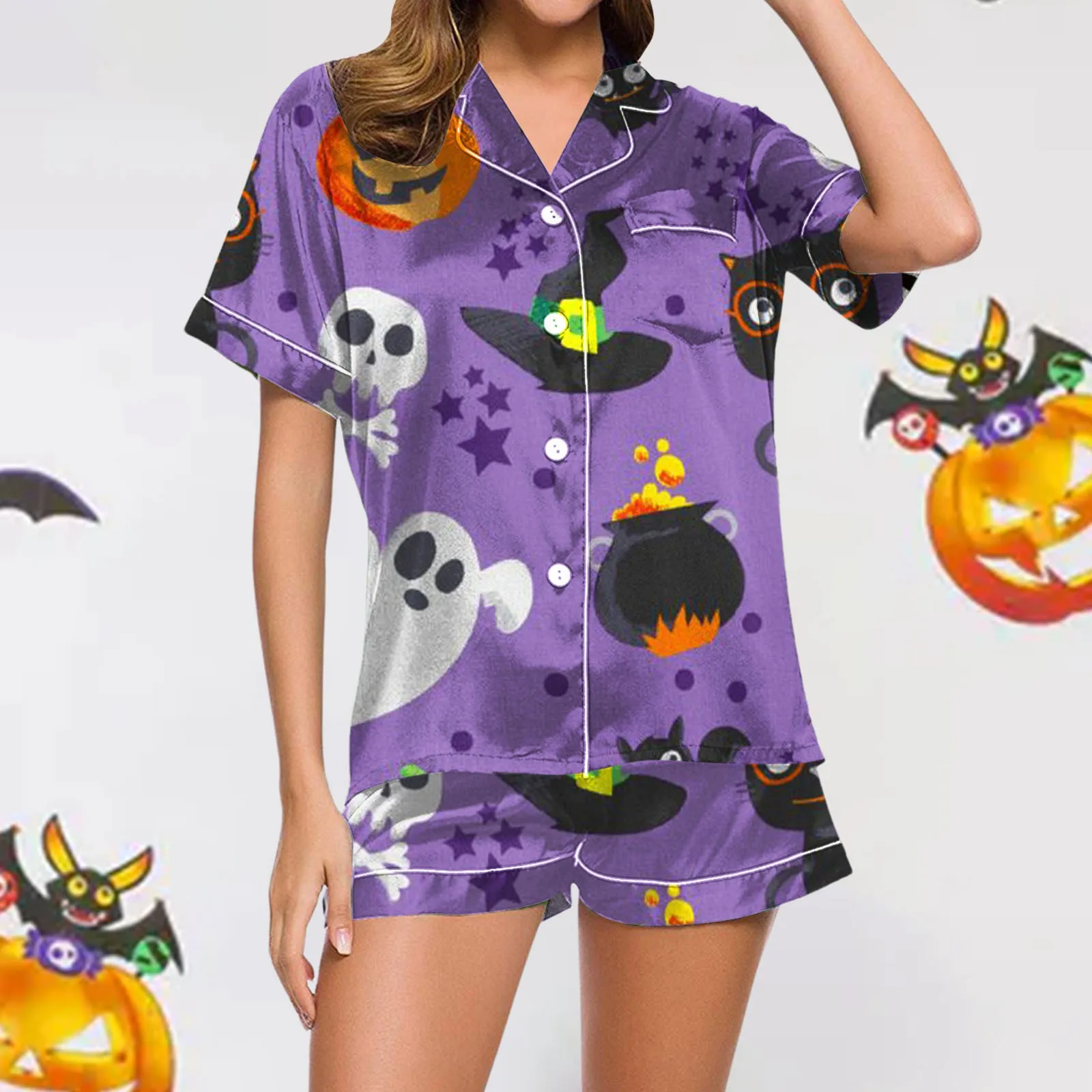 Women's Fashion Halloween Printed Pajama Sets Ghost Pumpkin Print Short Sleeve Button Closure Shirts Tops With Shorts Loungewear