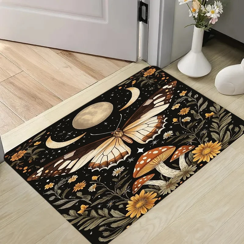 Vintage Moon Moth Mushroom Daisy Print Door Mat Anti Slip Entrance Doormat Mystic Dark Floral Pattern Rug Bedroom Home Decor