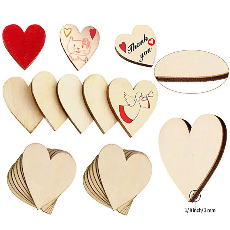 3-100Pcs Unfinished Wooden Hearts Blank Wood Slices 1cm-10cm for DIY Wedding Crafts Wooden Circle Discs Christmas Painting Decor