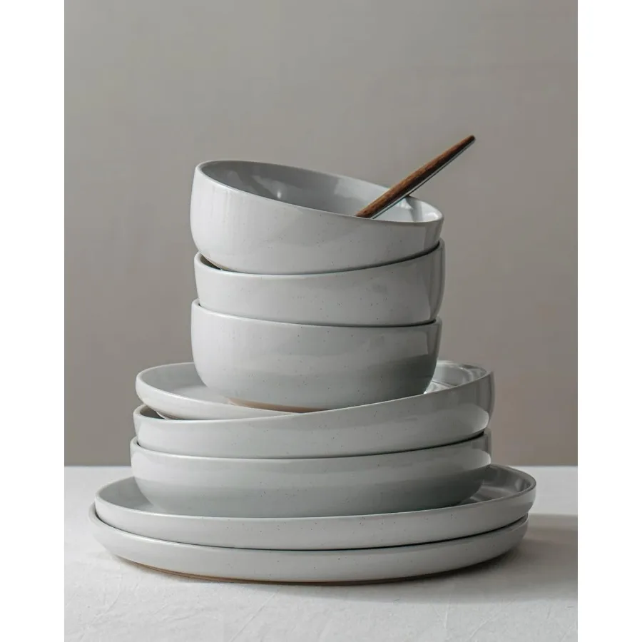 طقم أطباق وأوعية ميلكيواي، طقم أواني طعام مكون من 18 قطعة، طقم أطباق لـ 6 أشخاص، رمادي فاتح