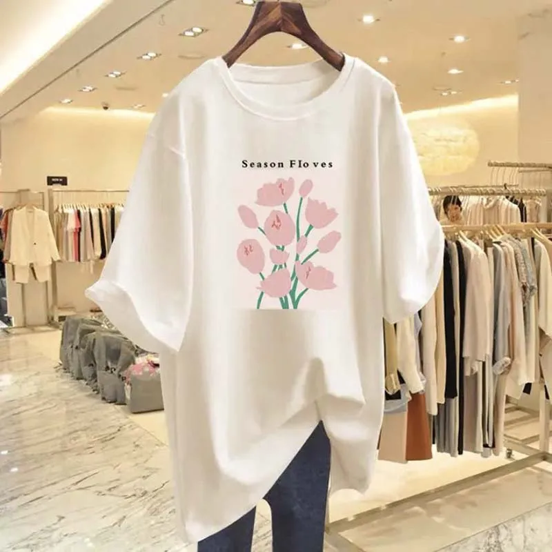 Women Hand-Painted Floral Printing T-shirts Summer Fashion Casual Crew Neck Short Sleeve Top Tee Basic Kawaii Pullovers Y2K Top