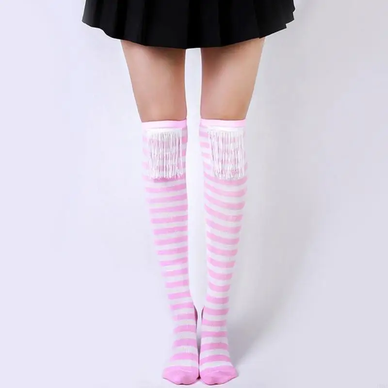 195E Women Girls Over Knee Long Socks Tassels Patchwork Christmas Striped Thigh High Stockings Holiday Party Stage Costume