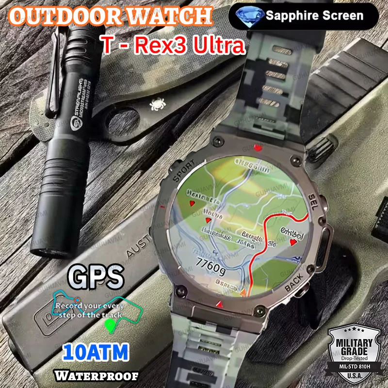 

Новые военные часы для приключений на открытом воздухе T-Rex3, GPS, мужские умные часы с компасом, высотомером, 10 АТМ, водонепроницаемые 170, спортивные часы HD с Bluetooth-вызовом