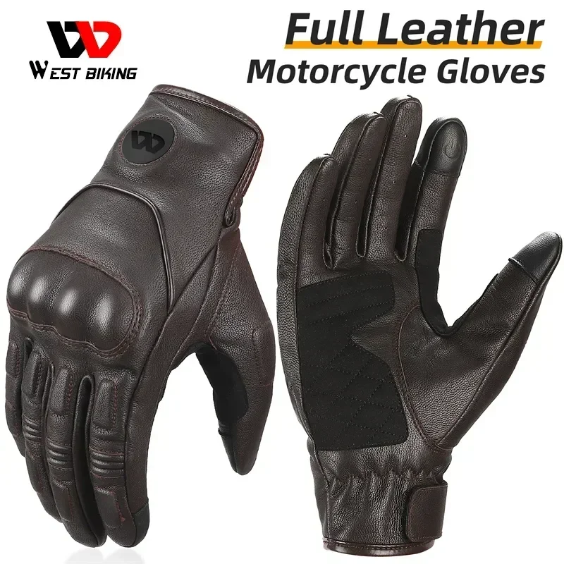 WEST BIKING Leather Motorcycle Gloves Men Outdoor Windproof Full Finger Touch Screen Gloves 3D Protection Punk Motocross Gloves