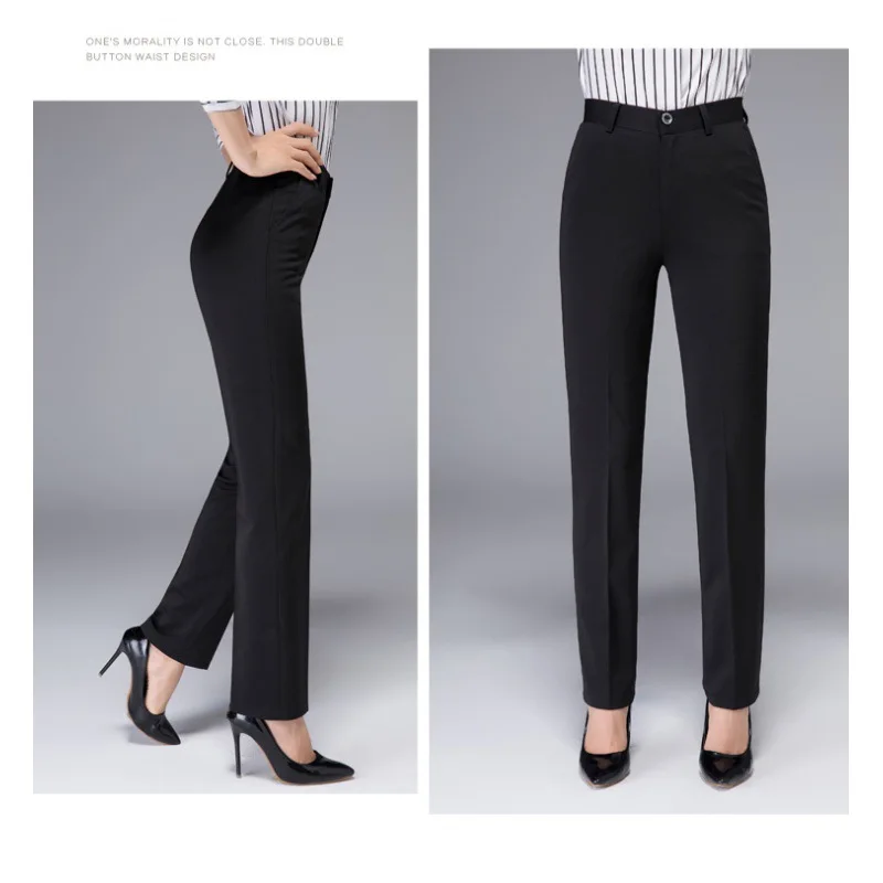 High Waist Straight Leg Formal Trousers for Women Summer Elastic Workwear Black Professional Bank Office Pants