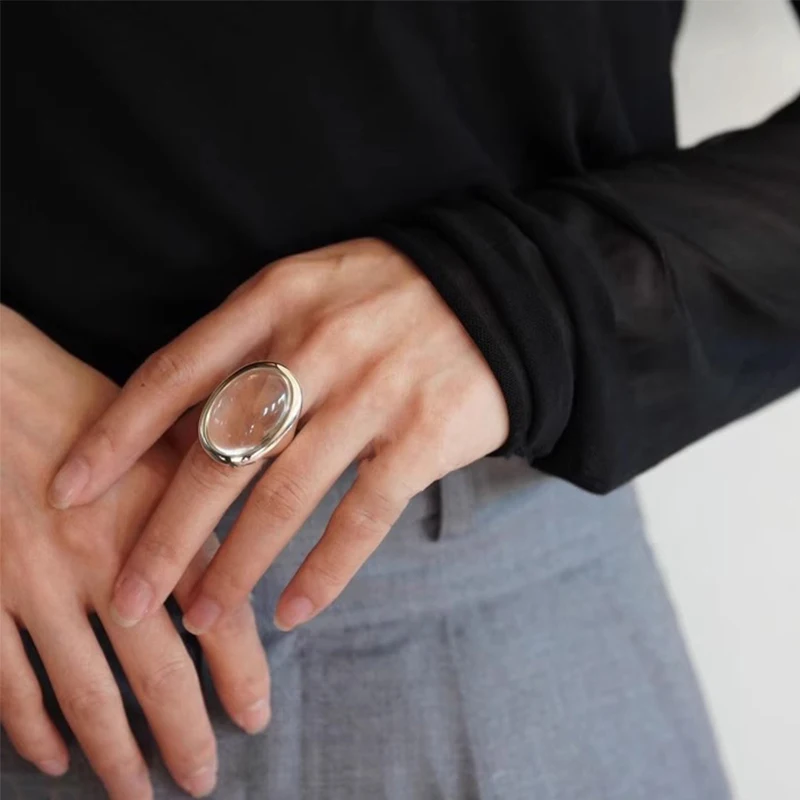 Foxanry Silver Color Ellipse Crystal Rings For Women Simple Exaggerated Elegant Vintage Temperament Engagement Jewelry Gifts image 5