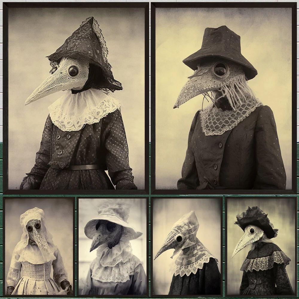 Странная маска с вуалью и птичьим клювом, винтажная фото настенная живопись на холсте, портретный художественный постер с принтом декора