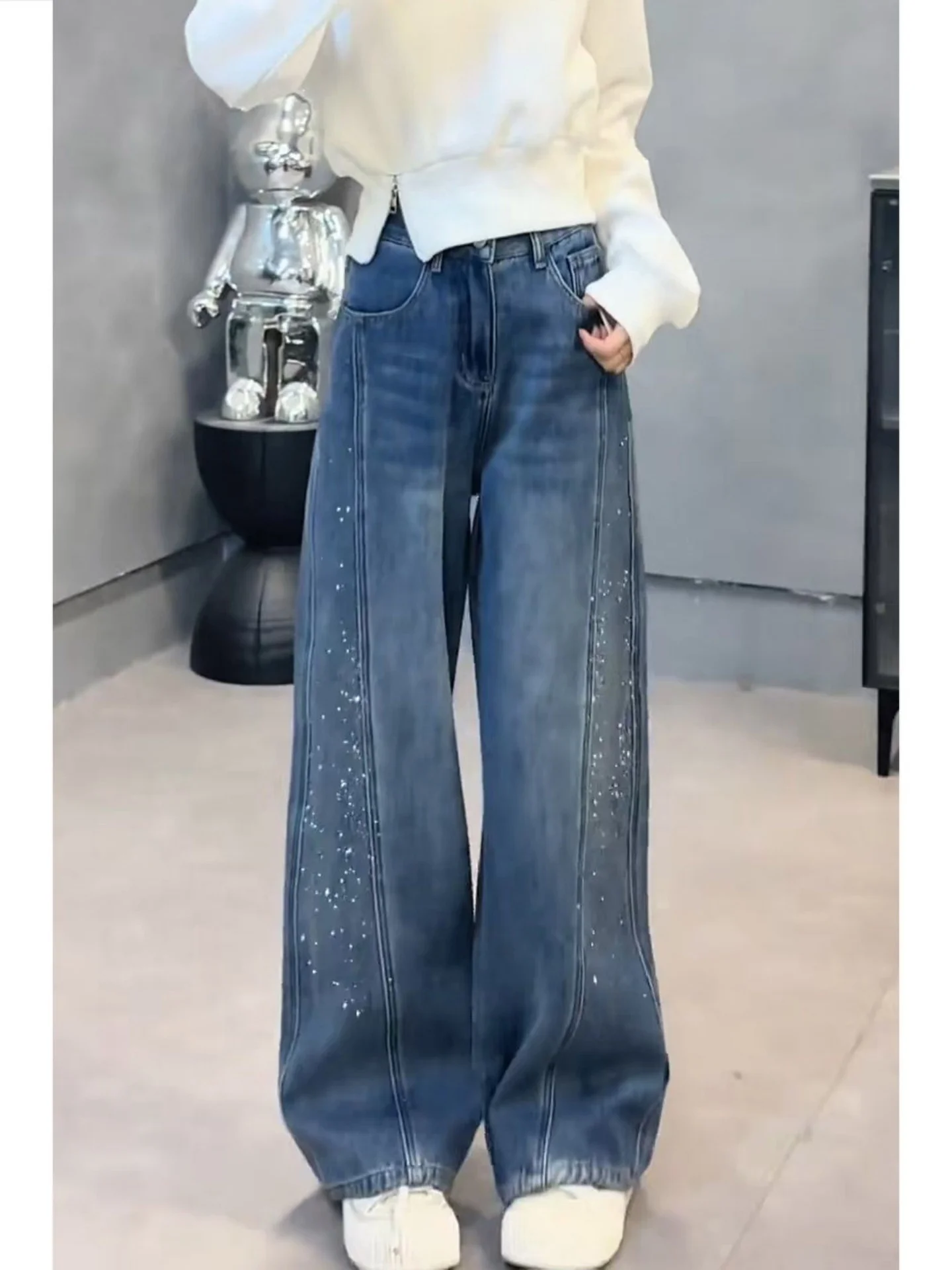 

Heavy Duty Diamond Embellished Wide Leg Jeans Women's High Waist Loose Straight Slimming Trousers Spring New plus Size Pear S...