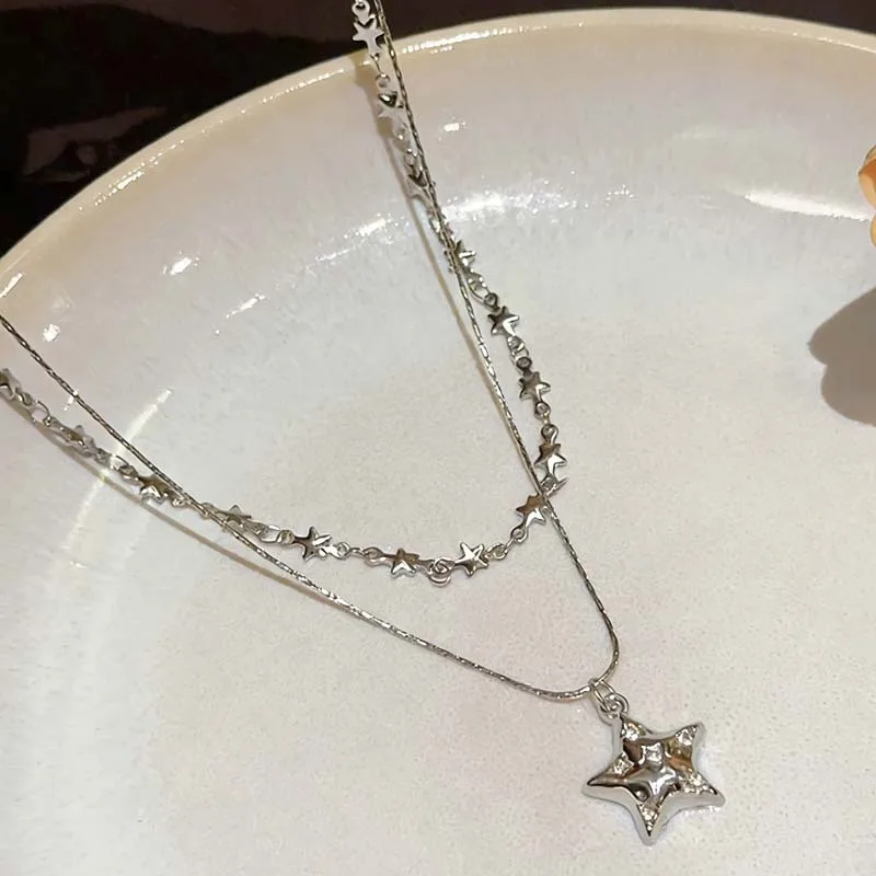 Korean Fashion Double Layer Star Pendant Necklace For Women Trendy Y2K Star Beads Choker Chain Fashion Casual Accessories Gift