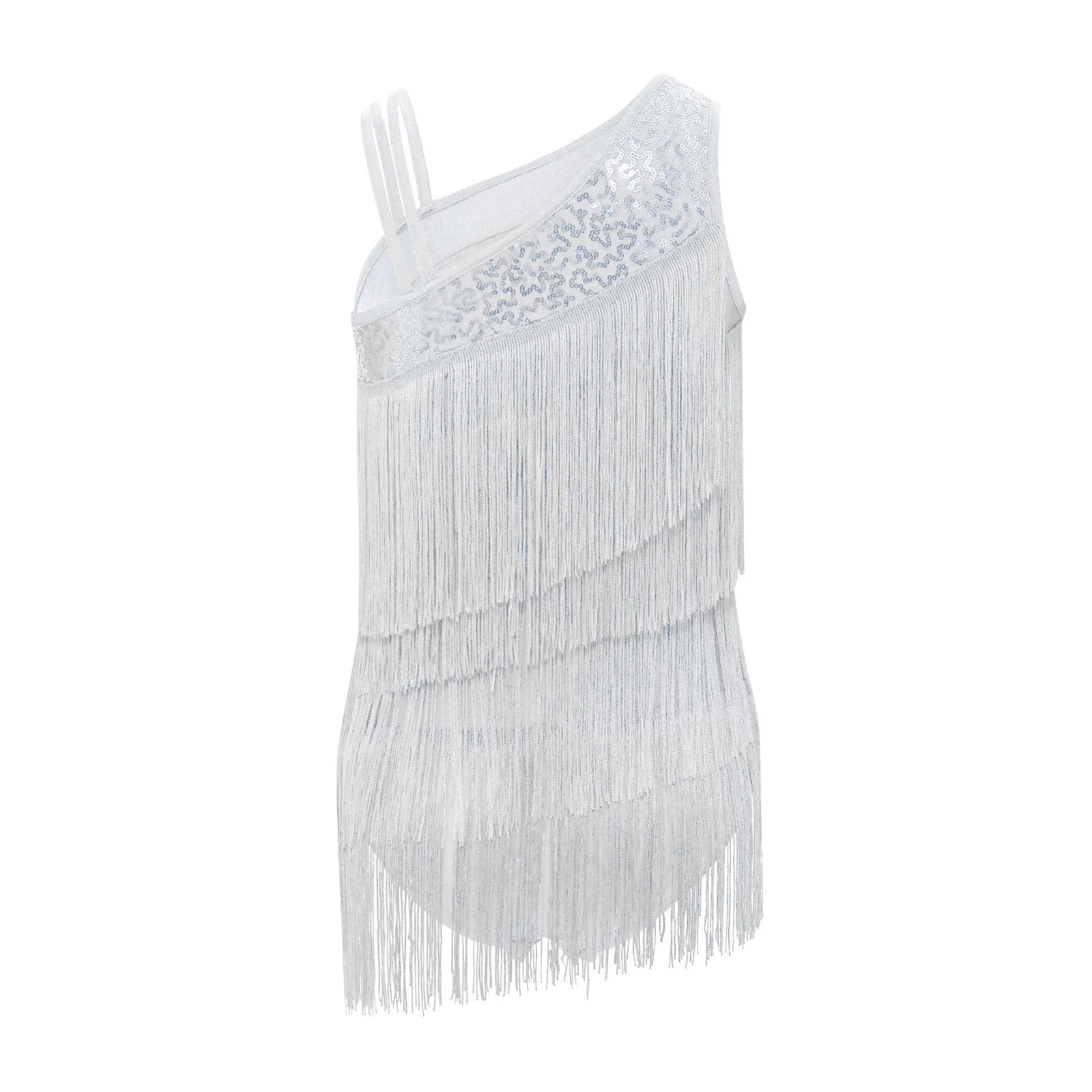 Kids Girls Modern Ballroom Salsa Latin Dance Performance Tassel Costume Sleeveless Tiered Tassels Asymmetrical Leotard Dancewear