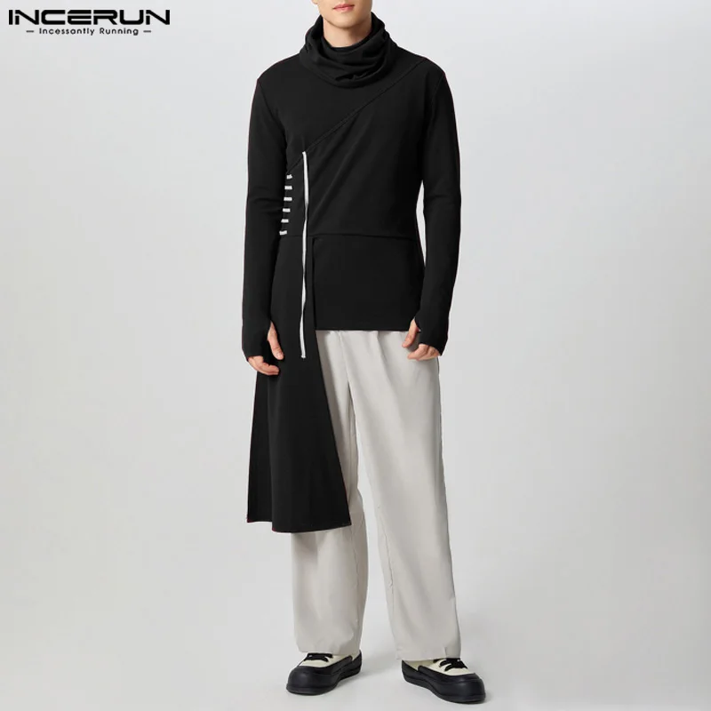 INCERUN Men Irregular Tank Tops Solid Color Turtleneck Sleeveless Casual Male Vests Streetwear 2026 Lace Up Handsome Clothing