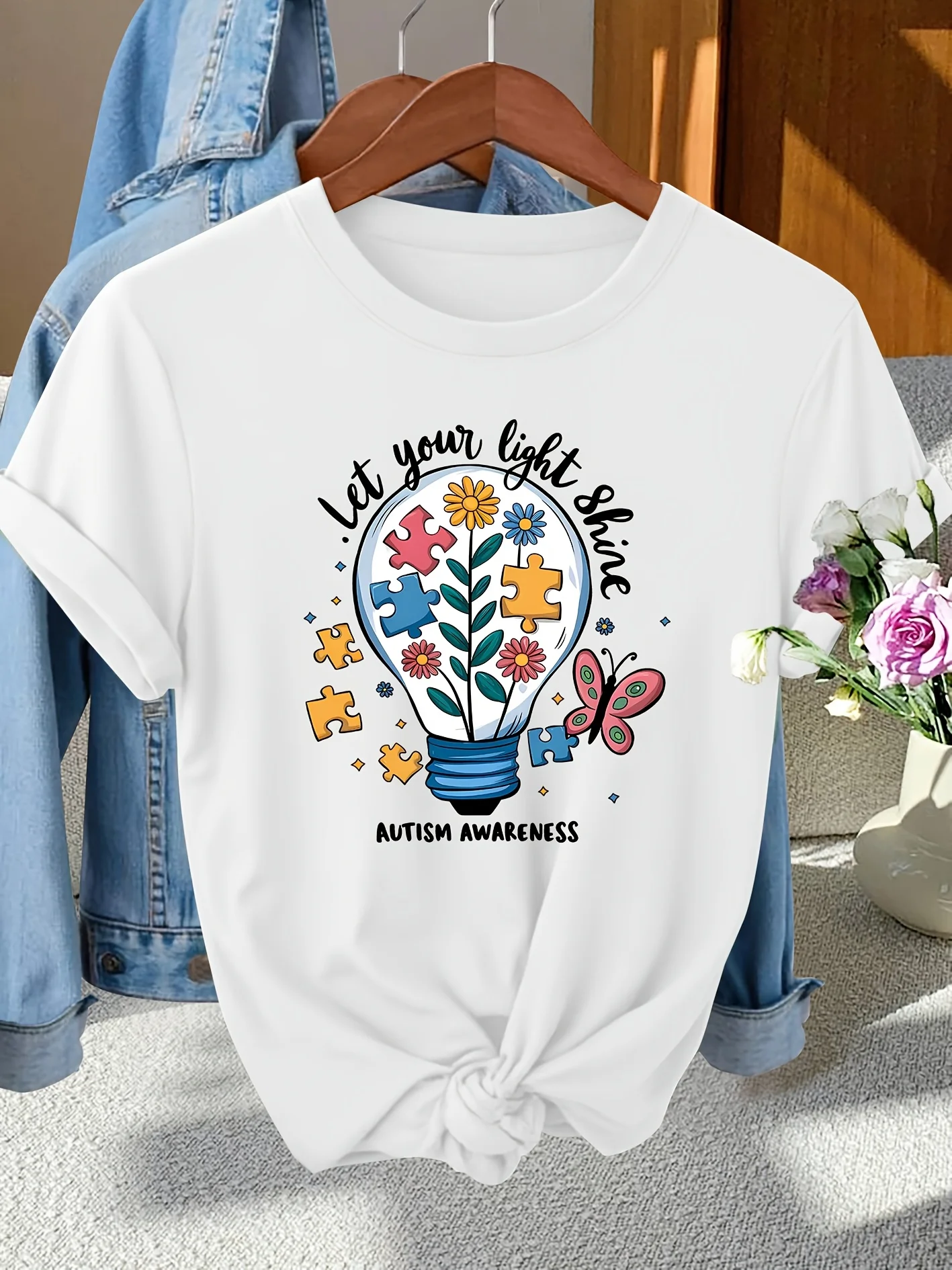 Let Your Light Shine Autism Awareness T-Shirt Women Puzzle Piece Graphic Tee Summer Casual Short Sleeve Teacher Top