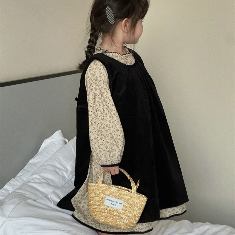 Autumn New Childrens Clothing Korean Girl Corduroy Vest Skirt Dress Simple Fashion 2024 Versatile Sweet Fashion Simple