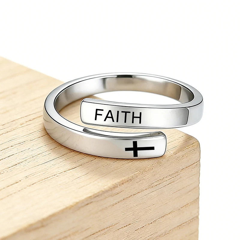 Minimalistischer Edelstahl-Offset-Wrap-Kreuzring, inspirierender christlicher Schmuck für Damen und Herren, trendige Geschenkidee