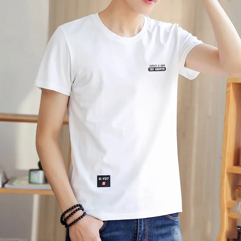 Camiseta de manga corta con estampado de cuello redondo para hombre, Top delgado de moda coreana, camisas de fondo blanco, ropa de verano