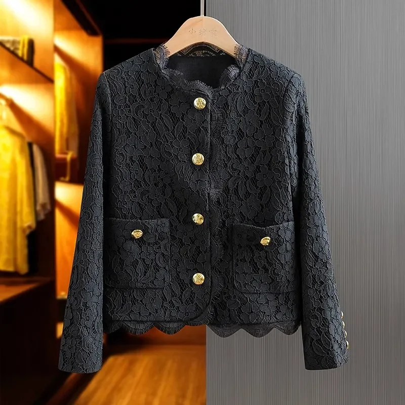 Spring Autumn French lace coat women 2024 new fashion loose casual tops temperament elegant button pure colour jacket female