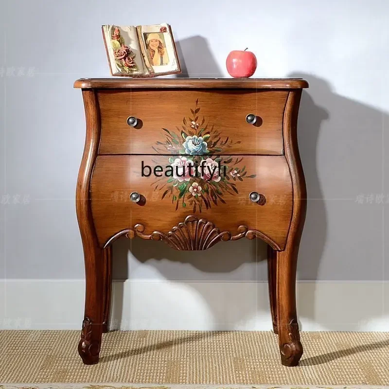 American Style Painted Furniture Solid Wood Corner Table Two-Drawer Sofa Living Room Storage Cabinet Bedroom Side Table