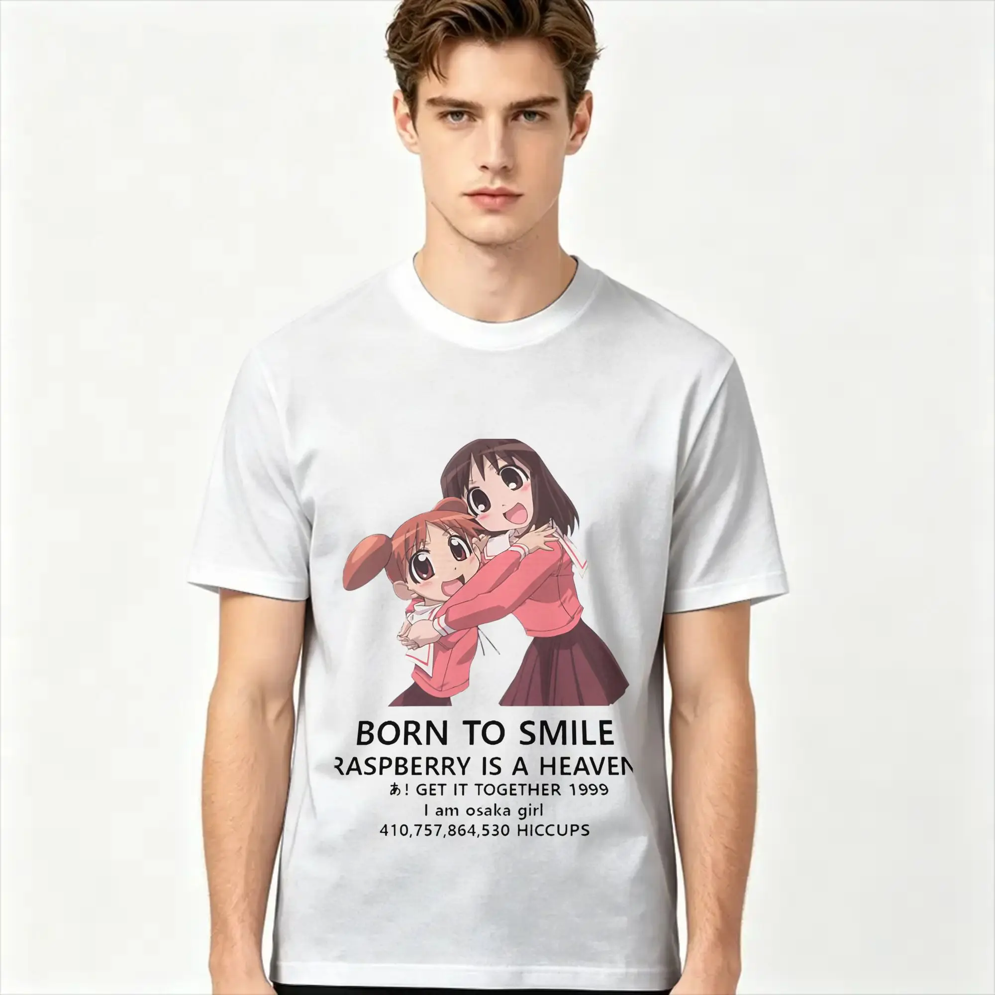 Vintage Azumanga Daioh Meme T-Shirts for Men O Neck Cotton T Shirts BORN TO SMILE Short Sleeve Tees Gift Idea Clothing
