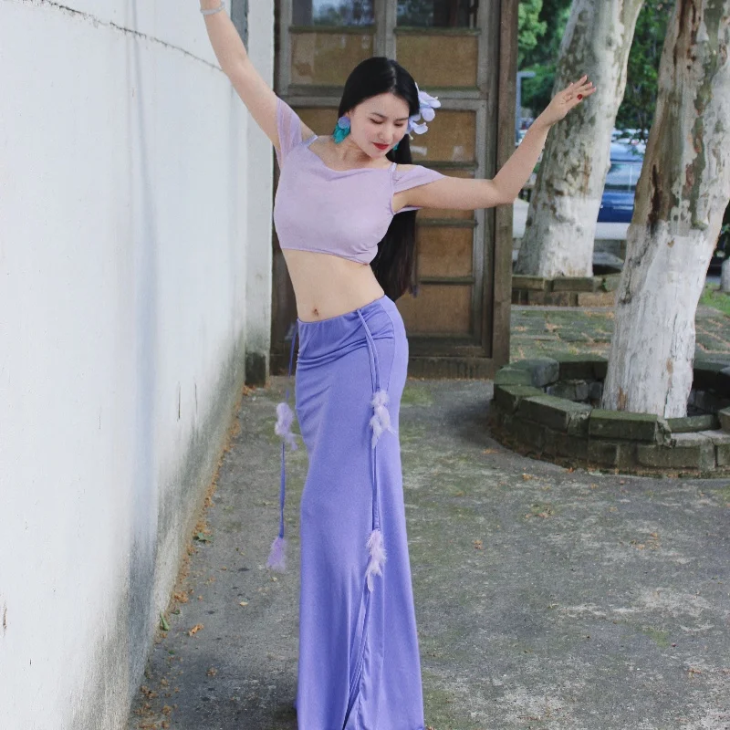 Nuevo traje de danza del vientre para mujer, ropa de práctica de temperamento Sexy, traje de entrenamiento para principiantes adelgazante púrpura