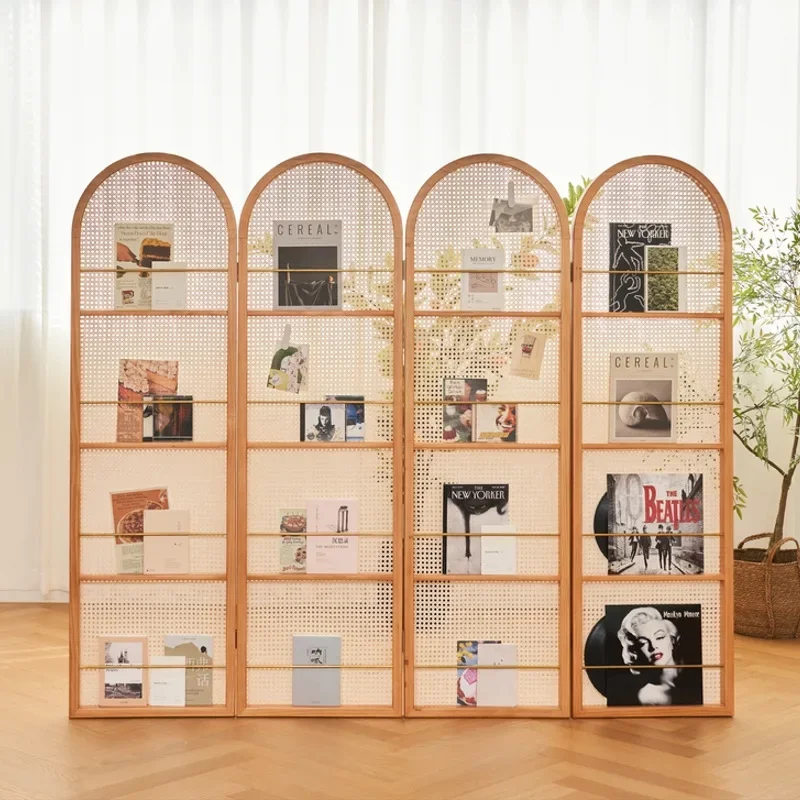 Chinese living room foldable rattan screen wabi-sabi porch retro partition French bedroom shelter mobile shelf