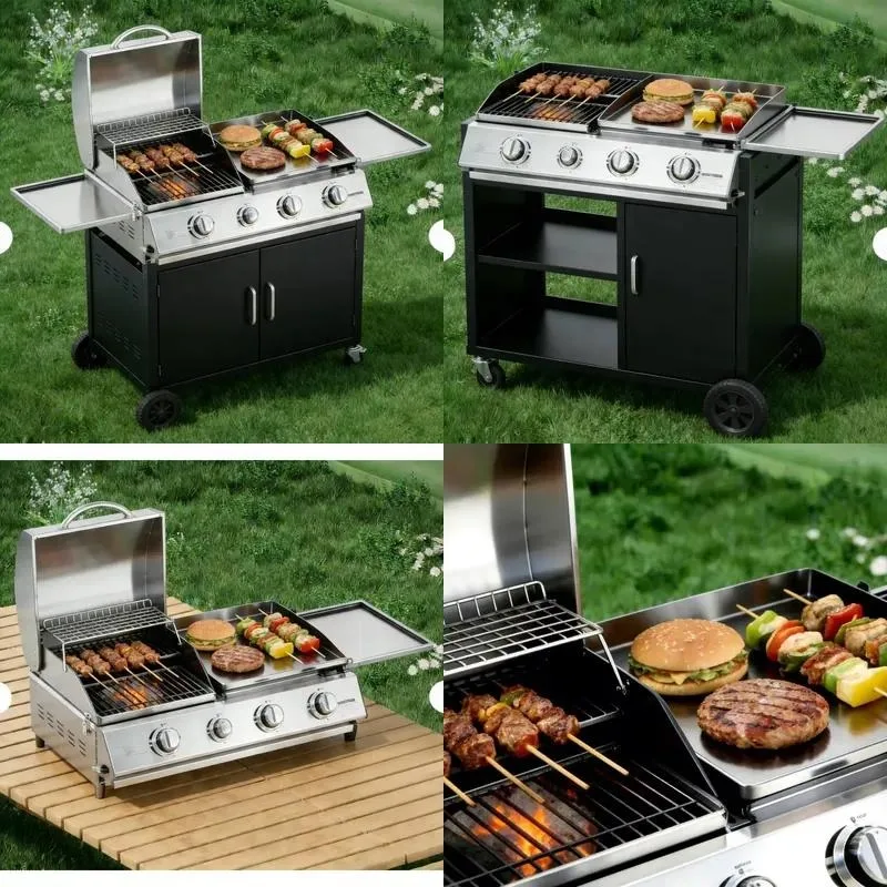 Modern Steel Outdoor Kitchen Trolley Movable Charcoal Grill 3 Burner Folding Camping Picnic Grill Spray Paint Coating Flame