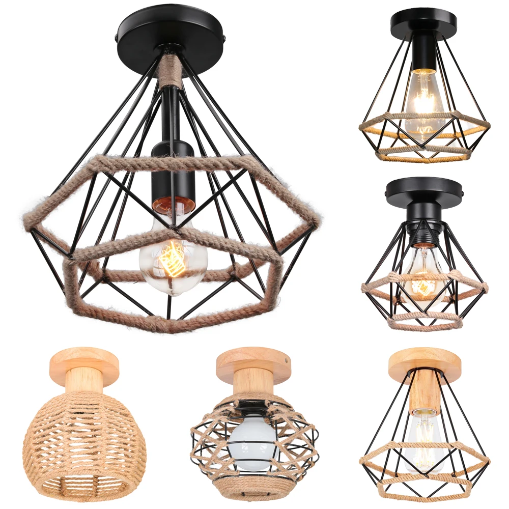 

Hemp Rope Iron Cage Ceiling Lamps for Aisle Interior E27 Vintage Retro Metal Ceiling Lights for Bedroom Kitchen Indoor Lighting