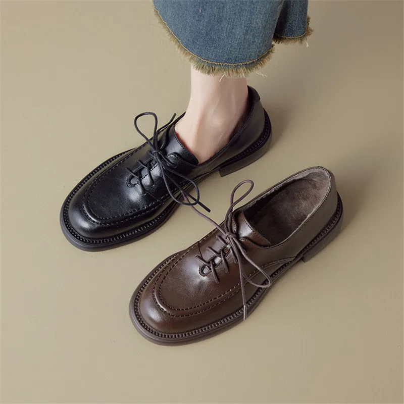 

Новая весенне-осенняя женская обувь из спилка, женская обувь с круглым носком, модные кружевные лоферы, зимние женские туфли-лодочки на среднем каблуке