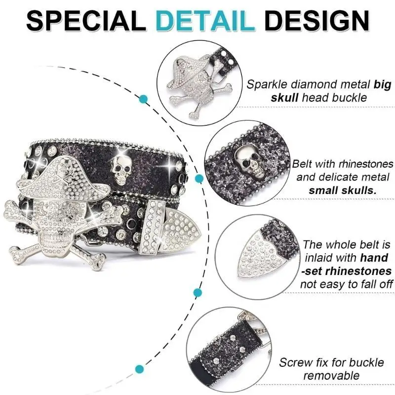 A52E Blingbling Skull Butl Belt Rhinestones Spodnie Pasek Pasek Pas dla dorosłych pasek punkowy