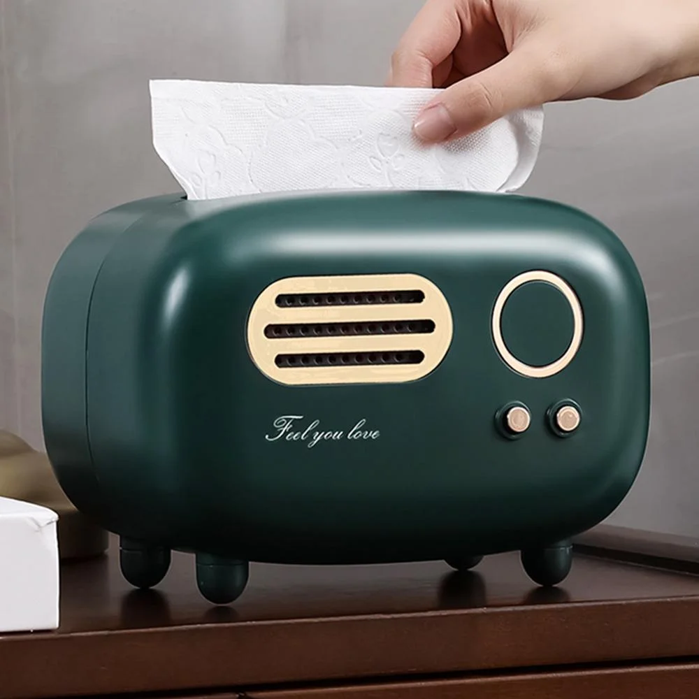 Retro Radio Shape Tissue Cover Box, Creative Storage Box with Slide Out Bottom Easy Refill Sturdy Build, Vintage Design Countertop Organizer for Kitchen Bathroom Vanity Bedroom Dresser Nightstand Office Desk Living Room Side Table Home Decoration