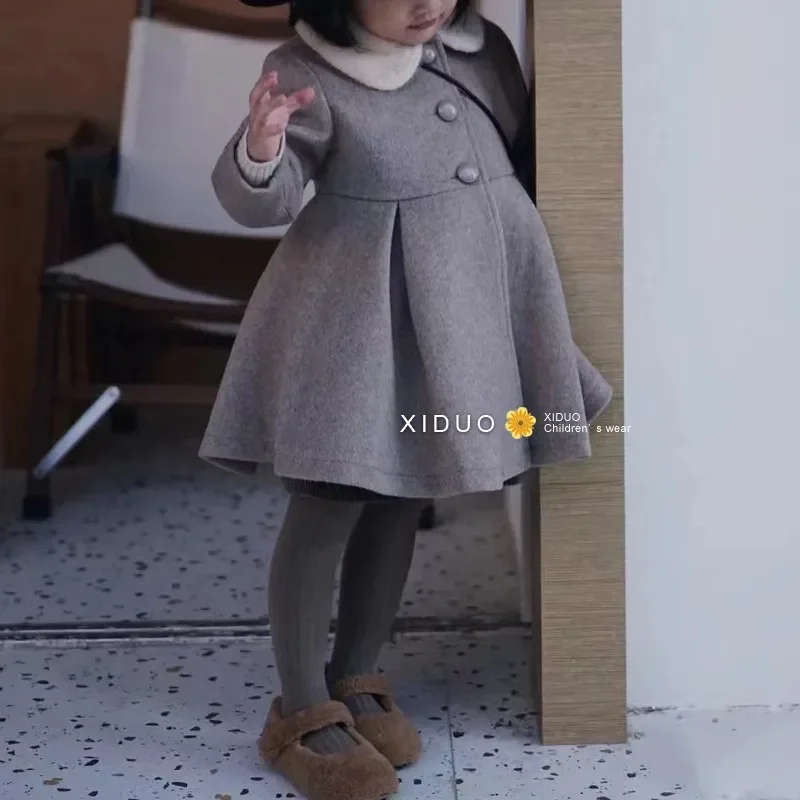 Girls Gray Coat Children 2024 New Autumn Winter Collection Fashion Simple Casual Style All-match Baby Girls Coat Top Clothes