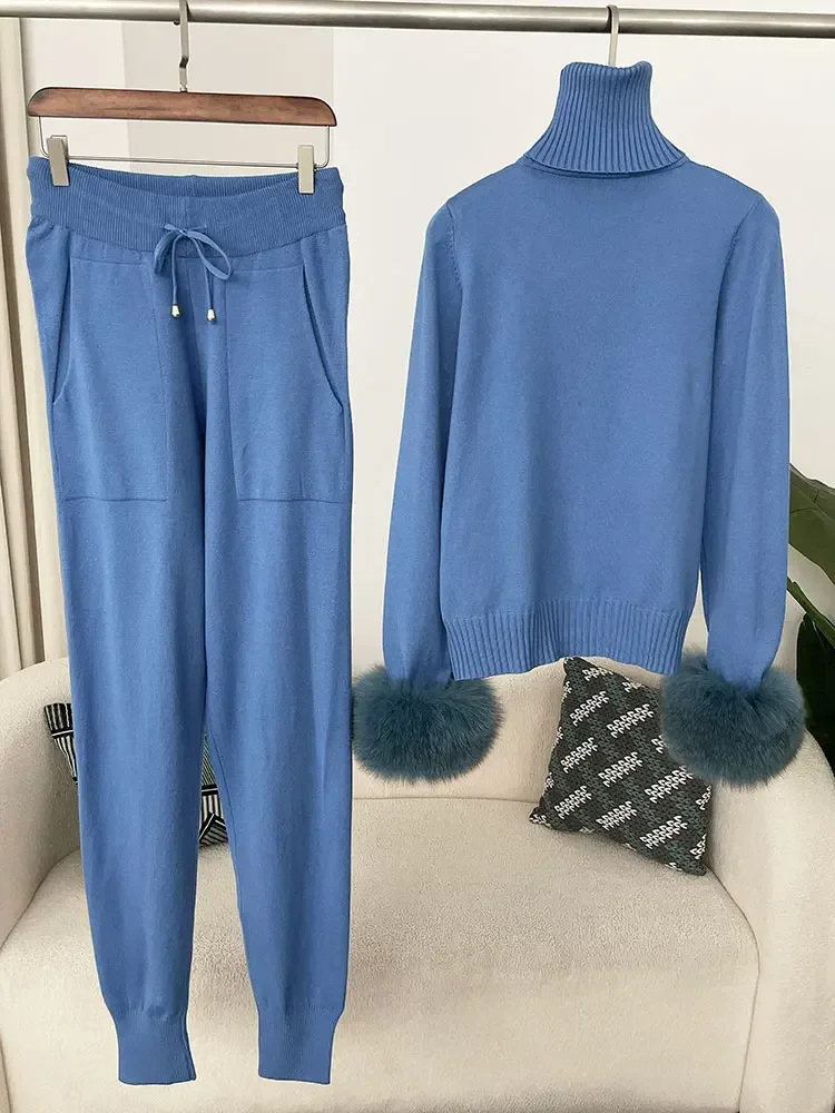 2025 feminino nova moda outono inverno camisola de malha calças compridas conjunto jaqueta camisola grosso quente natural real casaco de pele de raposa feminino