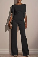 Women's Jumpsuit Casual Solid Color 3/4 Length Sleeve Straight Round Neck Beaded High Waist Daily Going out Regular Fit Black Wh - Image 3
