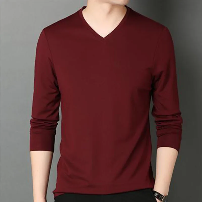 Fashion Men Solid Basic T-Shirts Spring Autumn Male Clothes V-Neck Tee Long Sleeve Bottoming Thin Slim Casual Pullover Tops 5XL