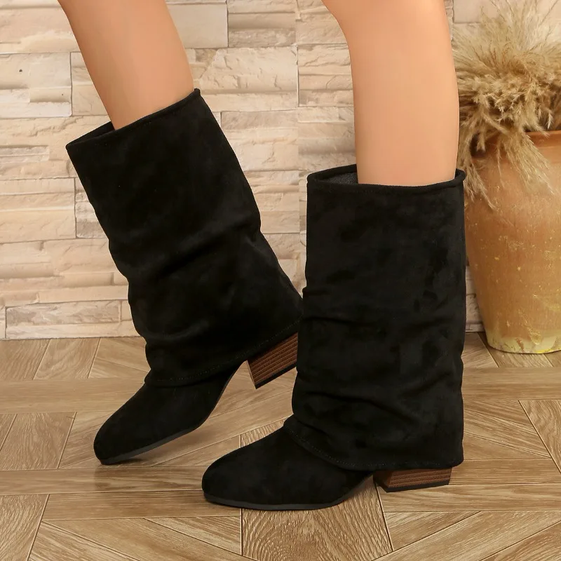 

Winter 2025 New Round Toe Socket Scrub Suede Non-Slip Wear-Resistant Block Heel Shoes Pleated Trouser Boots