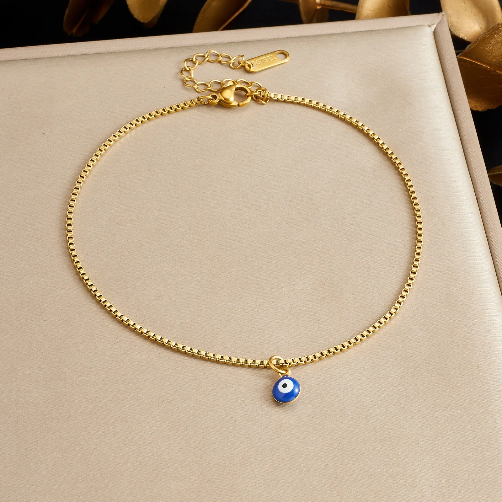 XIYANIKE 316L Stainless Steel Evil Eye Box Chain Bracelet Blue Enamel Protection Charm Jewelry Perfect Lucky Gift for Women