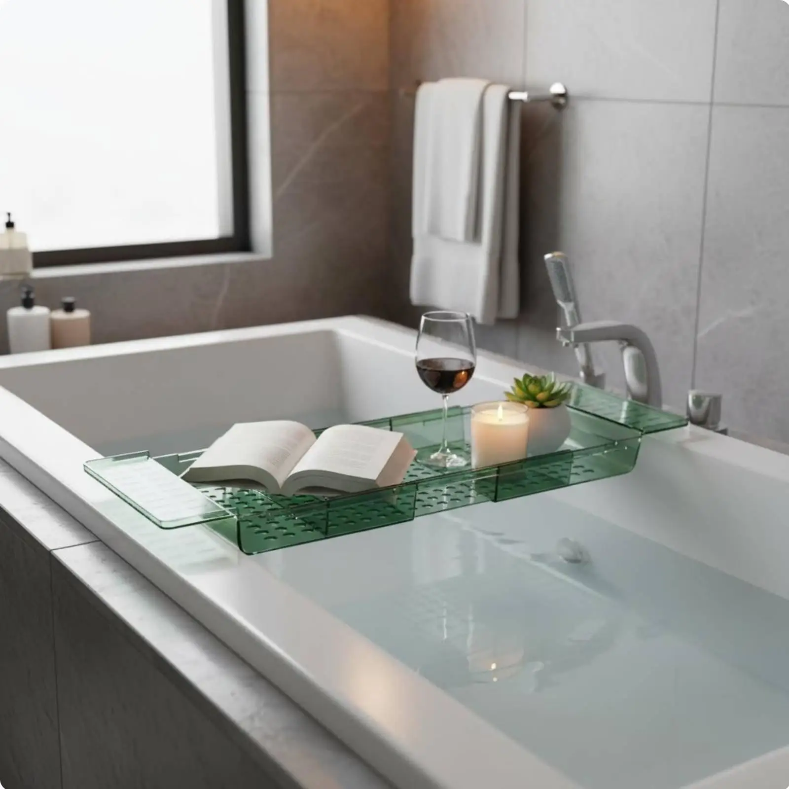 PET Bathroom Tray Non Slip Extendable Bath Tub Organizer Bathtub Accessory Drain Plug Shelf for Wet Environments