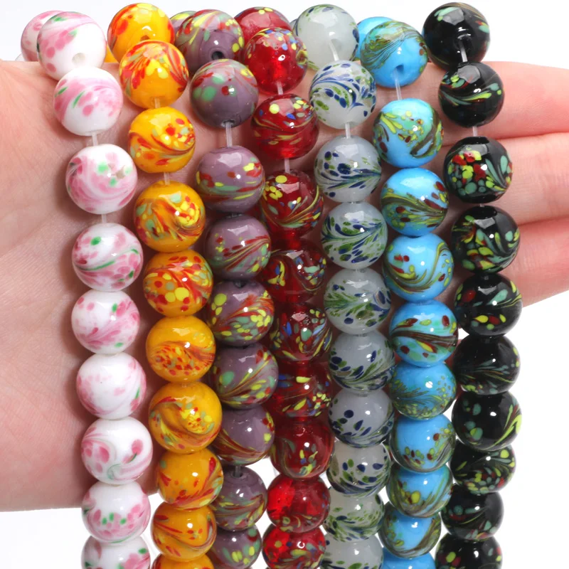 12MM 10Pcs Colorful Beads Charme Dot Dyeing Phoenix Tail Pattern Glass Beads For Making Jewelry Necklaces Bracelets Decorative