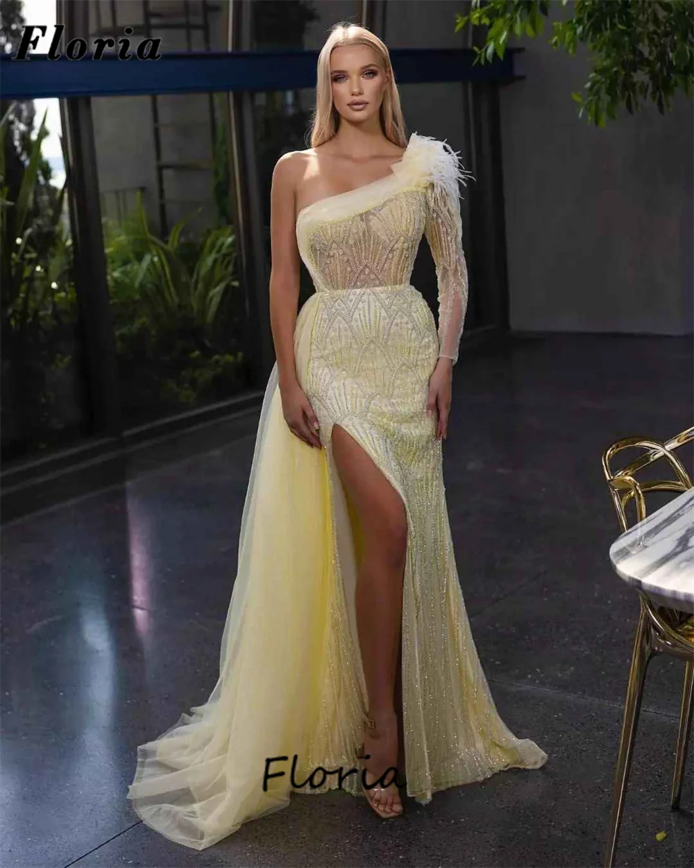 

New Fashion Yellow One Shoulder Prom Dress Custom Made Split Side Evening Gowns Robes Du Soir Dubai Sequins Evening Dresses 2024