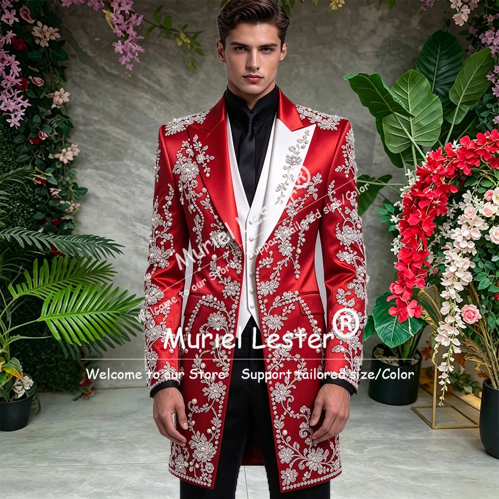 Luxury Groom Wedding Suits Sparkly Beading Stones Prom Blazer Long Customized 3 Piece Sets Man Banquet Tuxedo Attire Plus Size