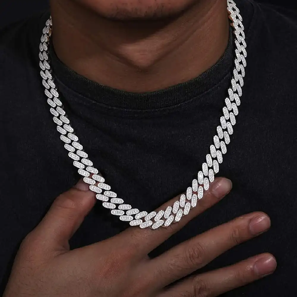 Colorless .Tishya Diamond Moissanite Cuban Link Chain Iced Out Hip Hop Sterling Silver Gold Plated Stylish Necklaces for Men