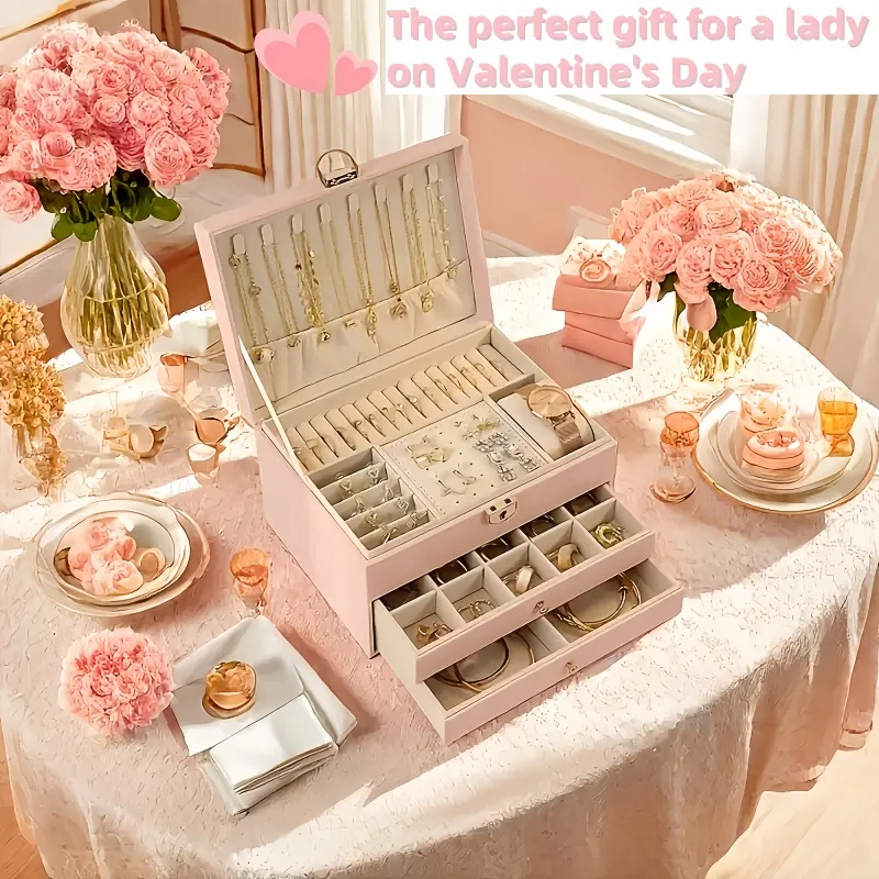 1pcs 3-Tier Jewelry Organizer Box Large Capacity Anti-Tarnish Storage Case for Rings Leather Travel Jewelry Box with Drawers