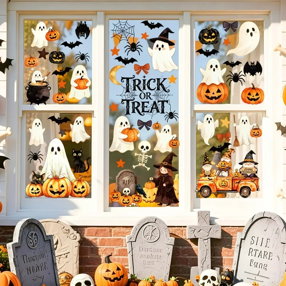 6 Blätter mit 56 einzigartigen Designs für Halloween, statische Fensterfolien, Aquarell-Kürbis, Geist, Hexe, Gnom, Lastwagen, schwarze Katze, Spinne – Detail 2