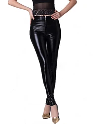 New Solid Color PU Imitation Leather High-waisted Zipper Leggings European And American Style Sexy Hip Nine-point Pants Women